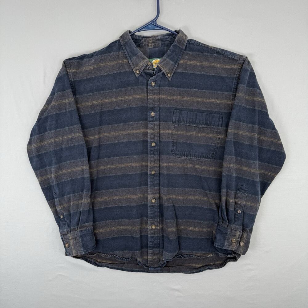 VINTAGE Cabelas Chamois Flannel Button Down Shirt Long Sleeve Blue Brown Mens L